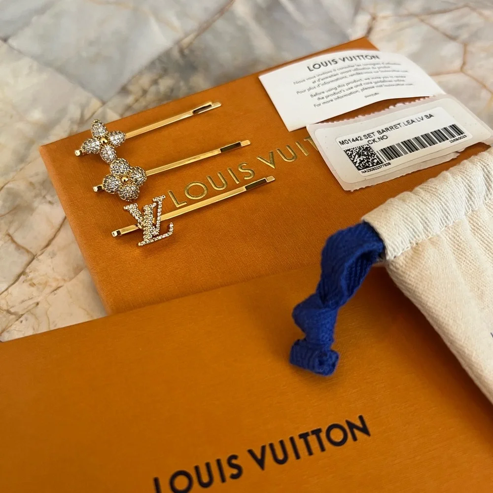 Authentic Louis Vuitton Gold Crystal Monogram Hair Barrette Set - Picture 2 of 4